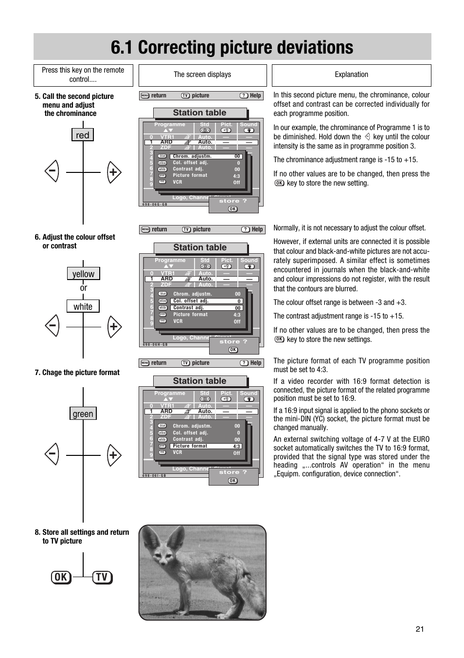 1 correcting picture deviations, Ok tv, Yellow red green white or | Station table | Metz Elba 63 TD 61 - 100 MT User Manual | Page 21 / 56