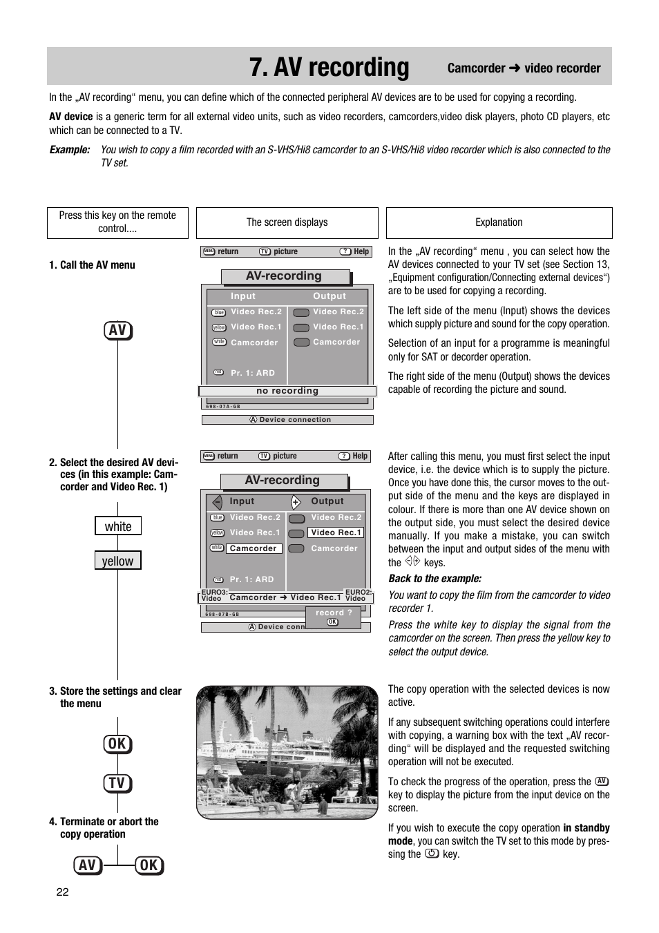 Av recording, Av tv ok ok, Camcorder ➜ video recorder yellow white | Av-recording | Metz Elba 63 TD 61 - 100 MT User Manual | Page 22 / 56