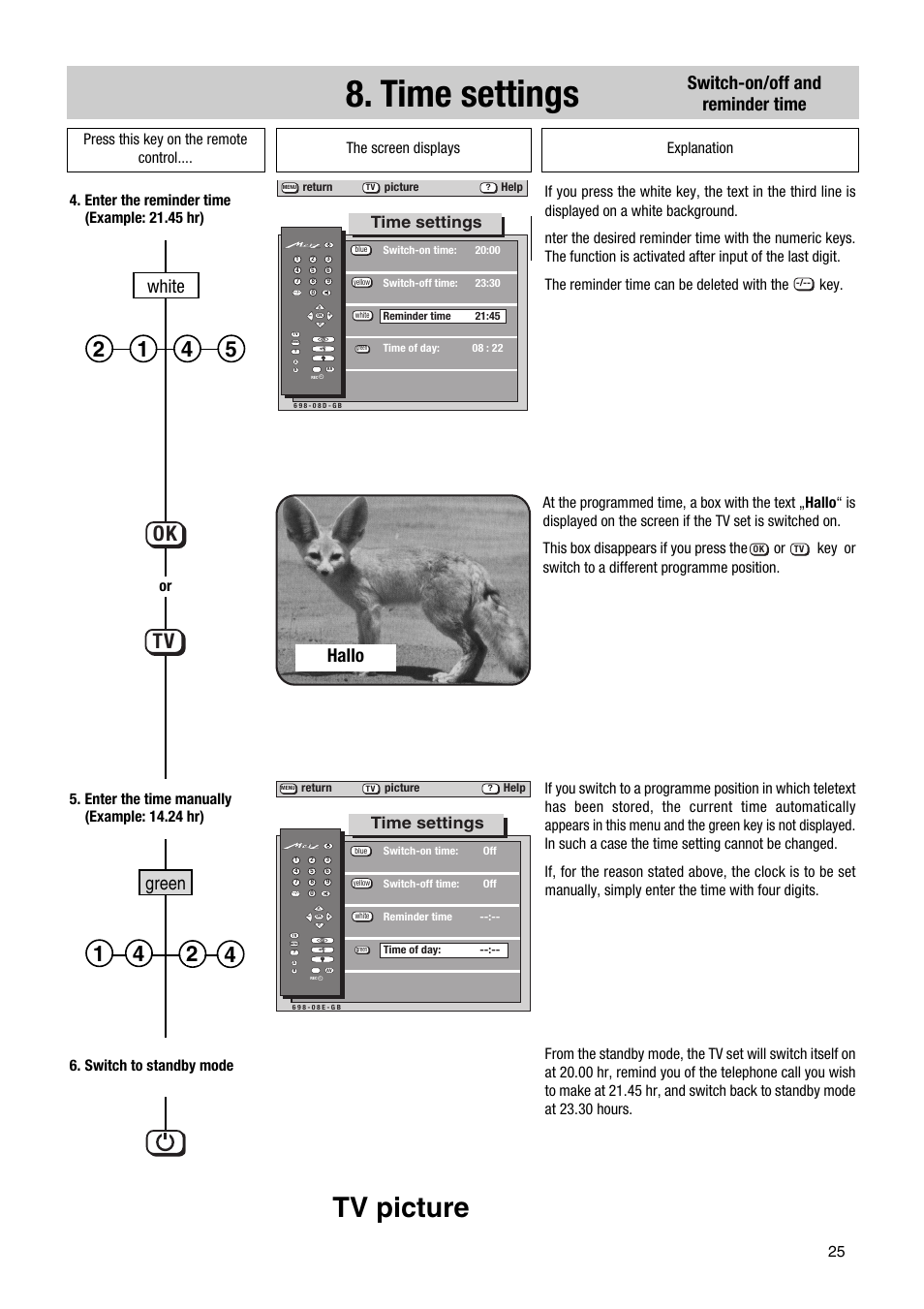 Tv picture, Ok tv, Switch-on/off and reminder time | Hallo green white, Time settings | Metz Elba 63 TD 61 - 100 MT User Manual | Page 25 / 56