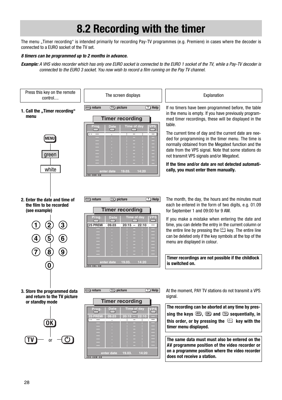 2 recording with the timer, Ok tv, Green white | Timer recording | Metz Elba 63 TD 61 - 100 MT User Manual | Page 28 / 56