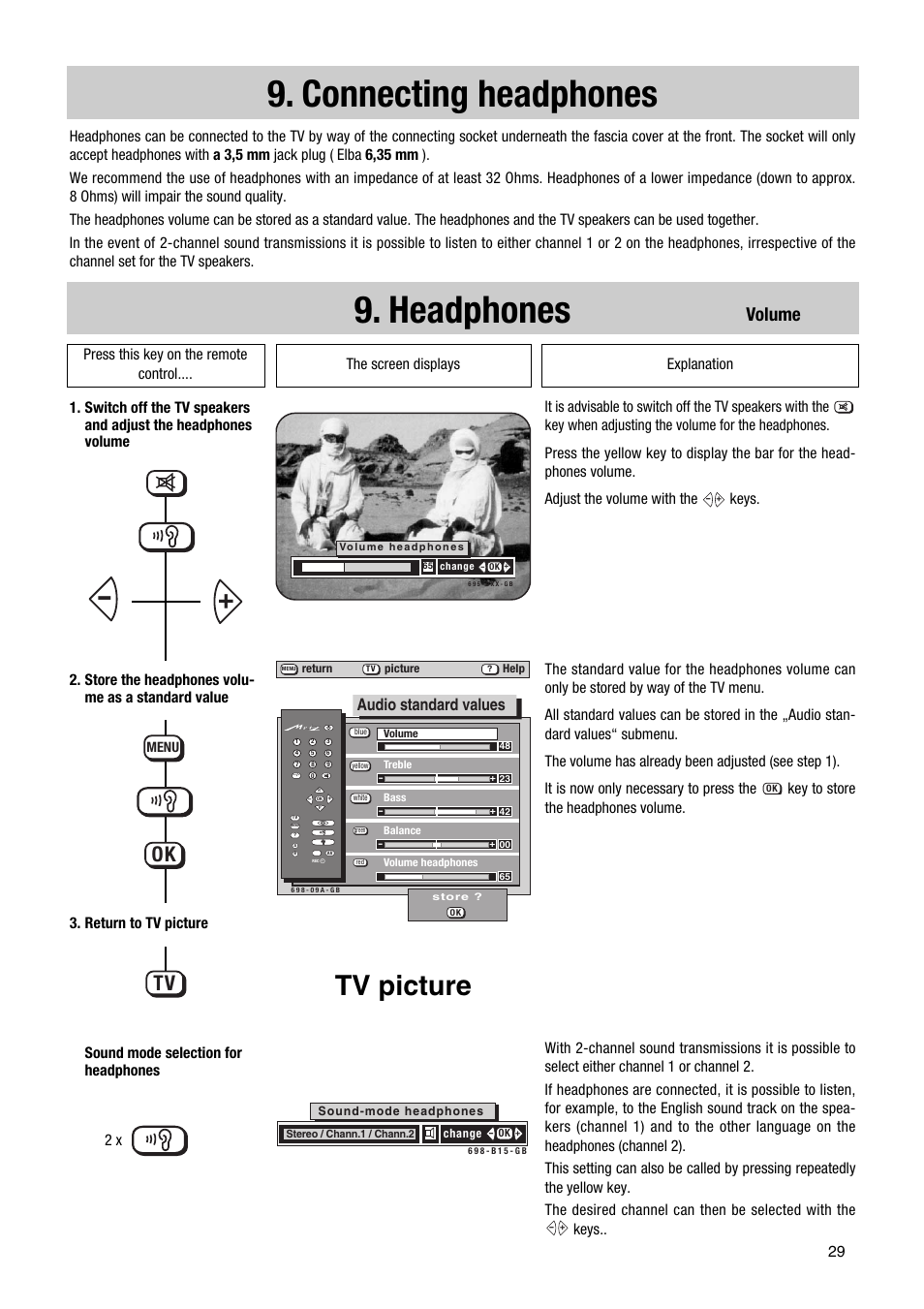 Connecting headphones, Headphones, Tv picture | Volume, Audio standard values, Return to tv picture | Metz Elba 63 TD 61 - 100 MT User Manual | Page 29 / 56