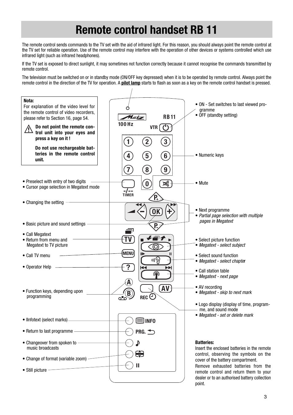 Remote control handset rb 11, Ok p, Av tv | Metz Elba 63 TD 61 - 100 MT User Manual | Page 3 / 56