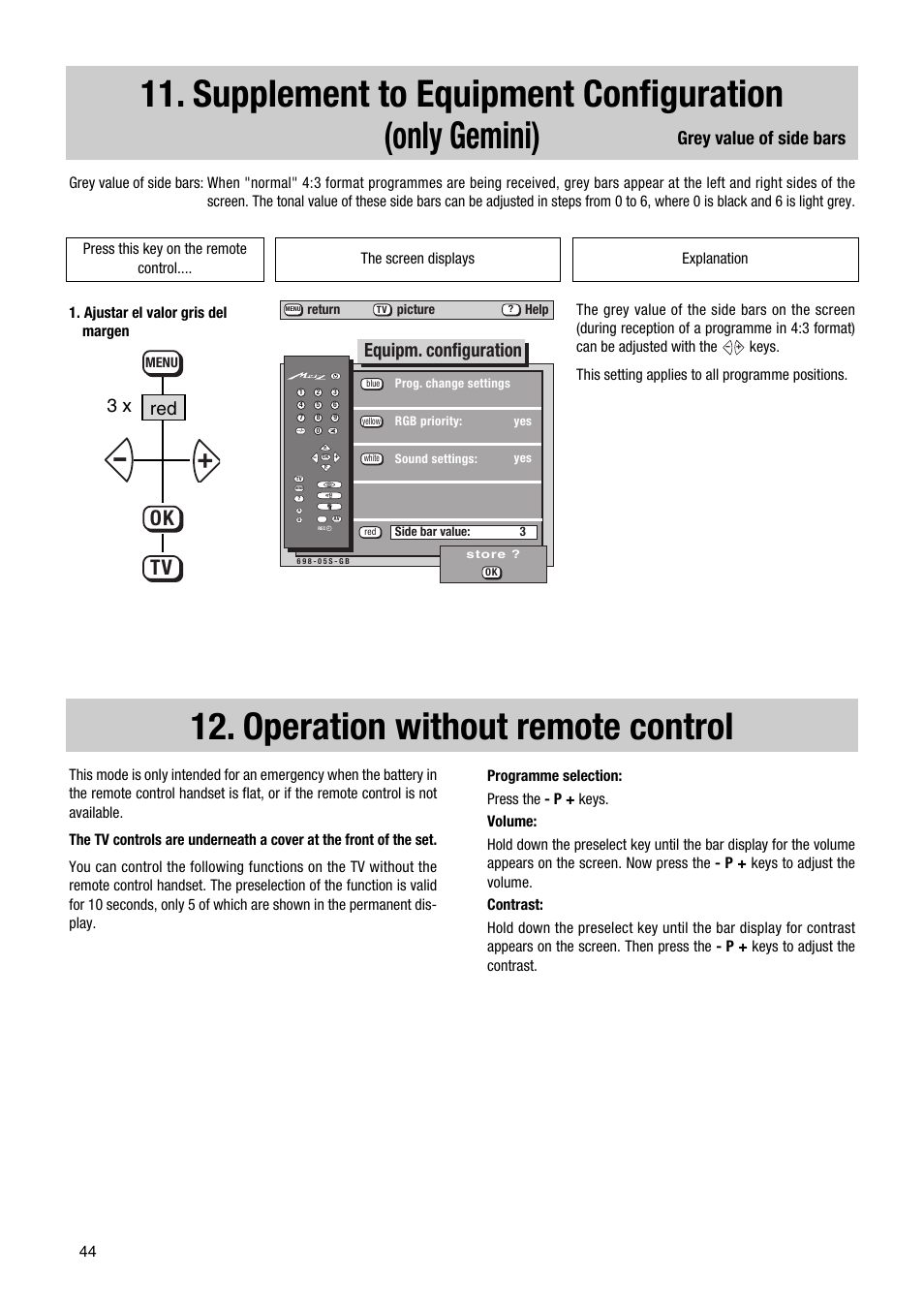 Operation without remote control, Ok tv, Equipm. configuration | Grey value of side bars, Red 3 x | Metz Elba 63 TD 61 - 100 MT User Manual | Page 44 / 56