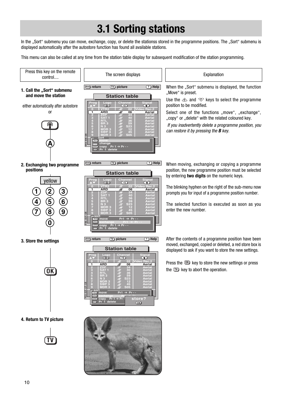 1 sorting stations, Ok tv, Yellow | Either automatically after autostore or, Station table | Metz 63 TF 51 User Manual | Page 10 / 54