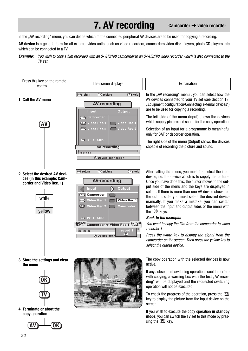 Av recording, Av tv ok ok, Camcorder ➜ video recorder yellow white | Av-recording | Metz 63 TF 51 User Manual | Page 22 / 54