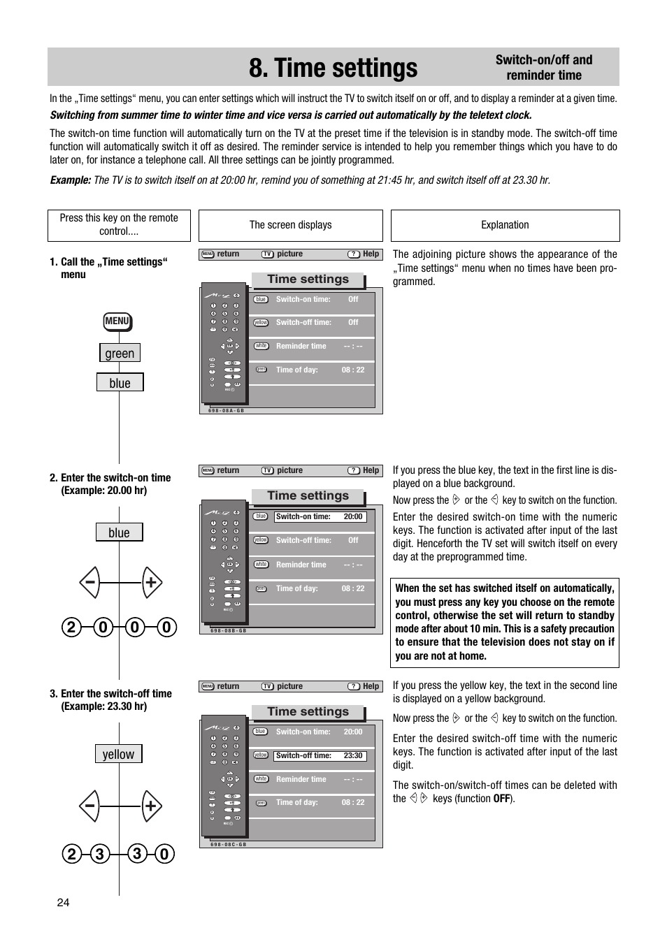 Switch-on/off and reminder time, Yellow green blue blue, Time settings | Menu | Metz 63 TF 51 User Manual | Page 24 / 54