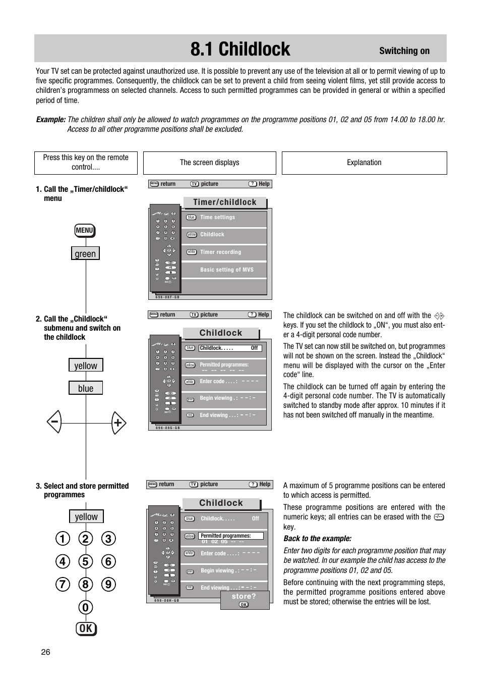 1 childlock, Switching on, Yellow | Yellow green blue, Timer/childlock, Childlock, Store, Menu | Metz 63 TF 51 User Manual | Page 26 / 54