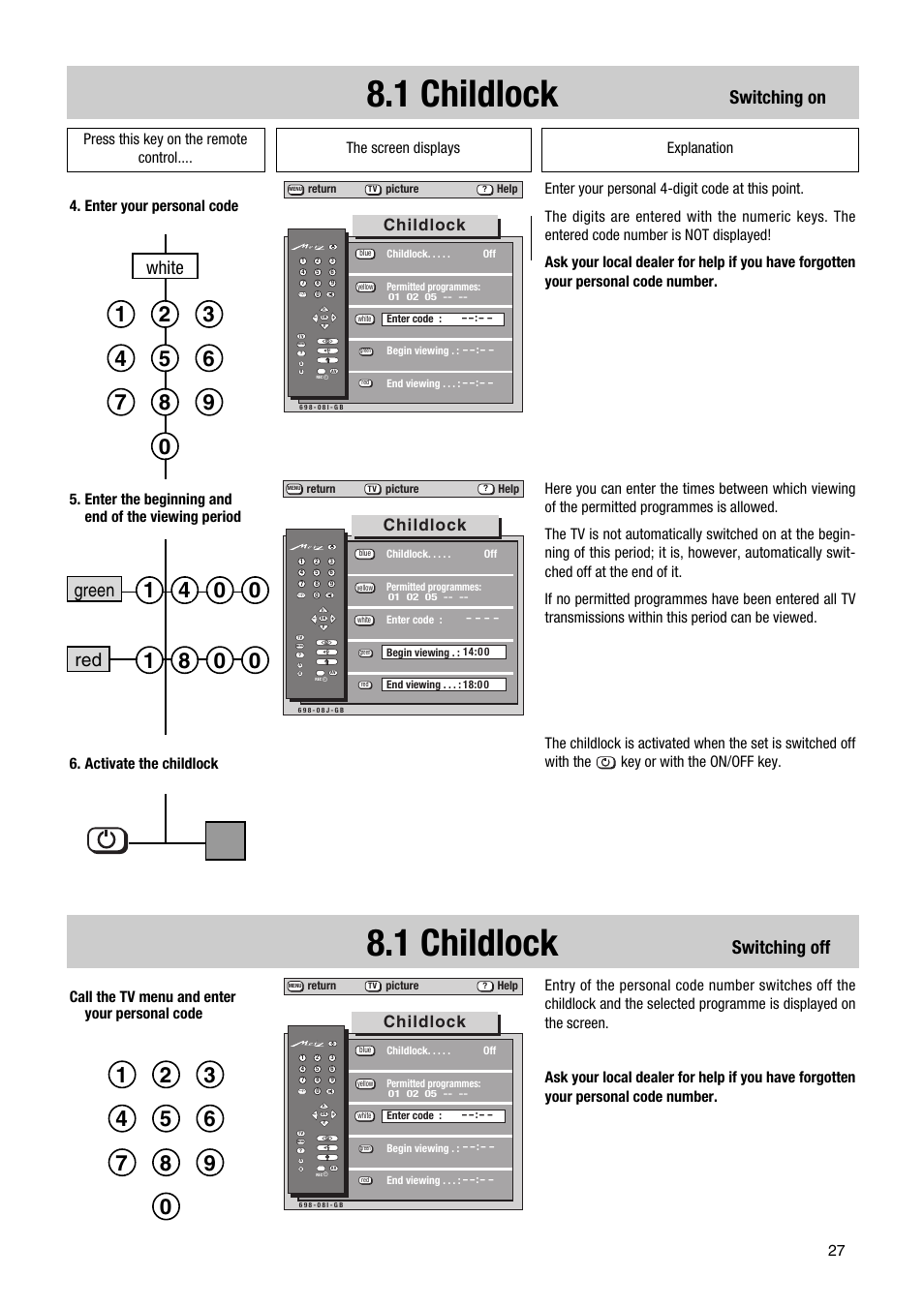 1 childlock, Switching off, Switching on red green white | Childlock | Metz 63 TF 51 User Manual | Page 27 / 54