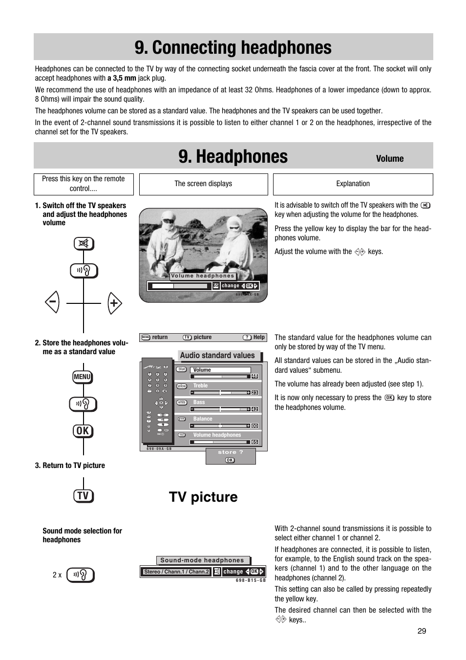 Connecting headphones, Headphones, Tv picture | Volume, Audio standard values, Return to tv picture | Metz 63 TF 51 User Manual | Page 29 / 54