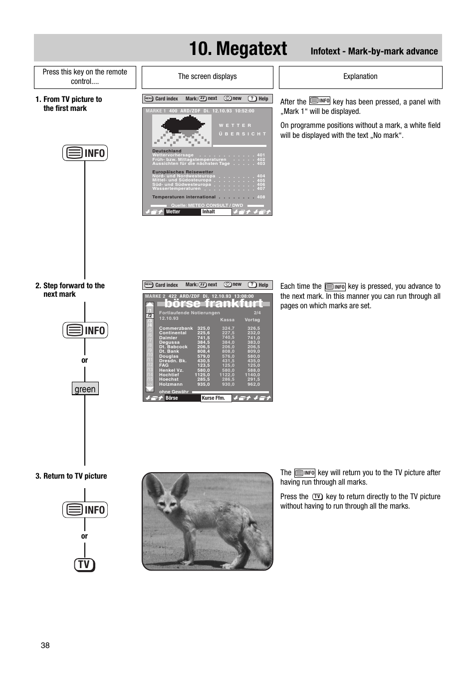 Megatext, Börse frankfurt, Info | Infotext - mark-by-mark advance, Green | Metz 63 TF 51 User Manual | Page 38 / 54