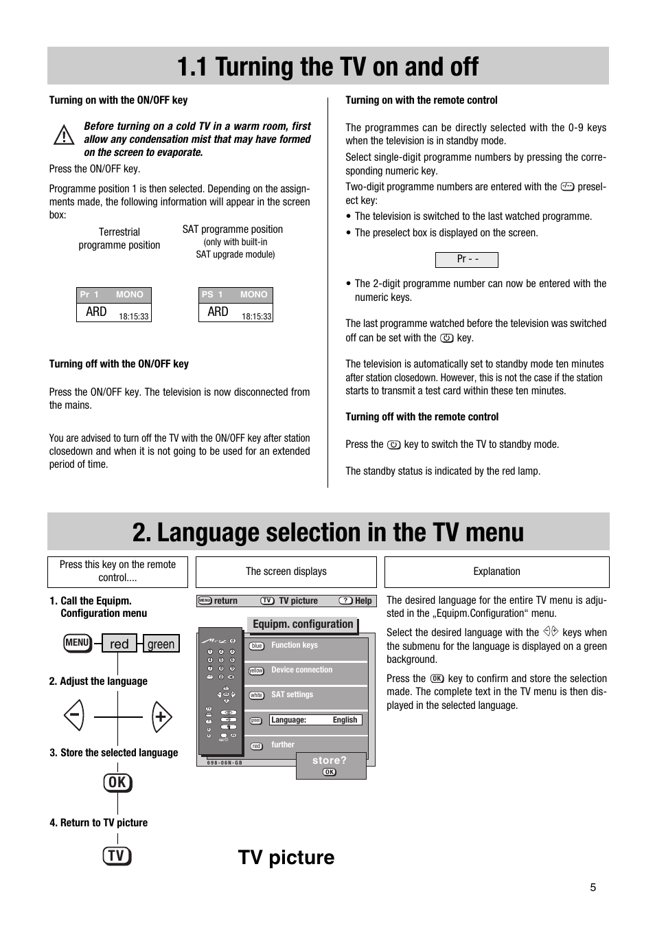 1 turning the tv on and off, Language selection in the tv menu, Tv picture | Red green | Metz 63 TF 51 User Manual | Page 5 / 54