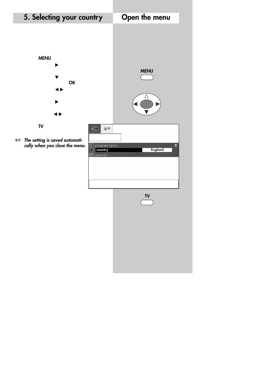 Open the menu 5. selecting your country | Metz 30 LCD-TV PIP User Manual | Page 13 / 48