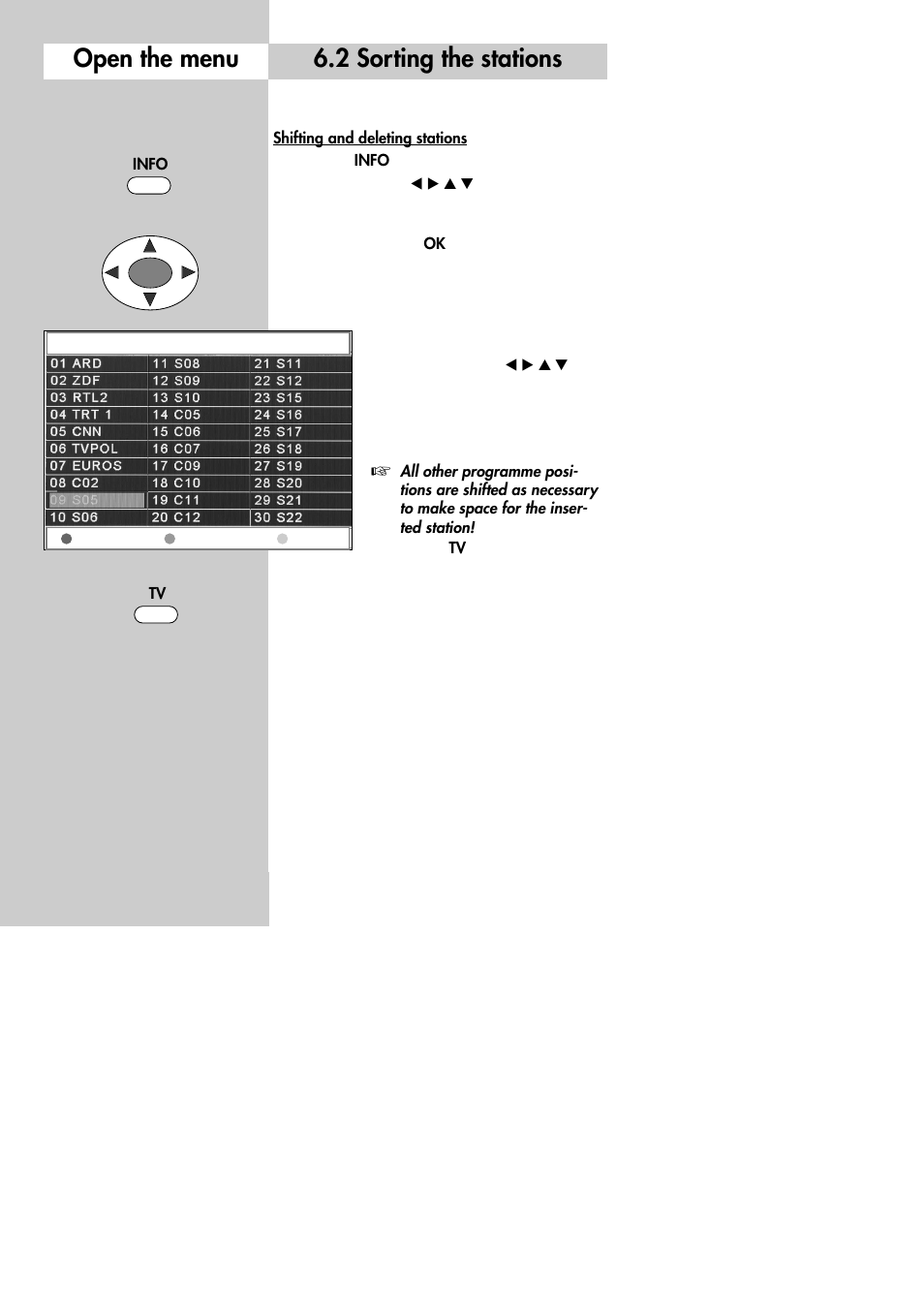Open the menu, 2 sorting the stations | Metz 30 LCD-TV PIP User Manual | Page 20 / 48