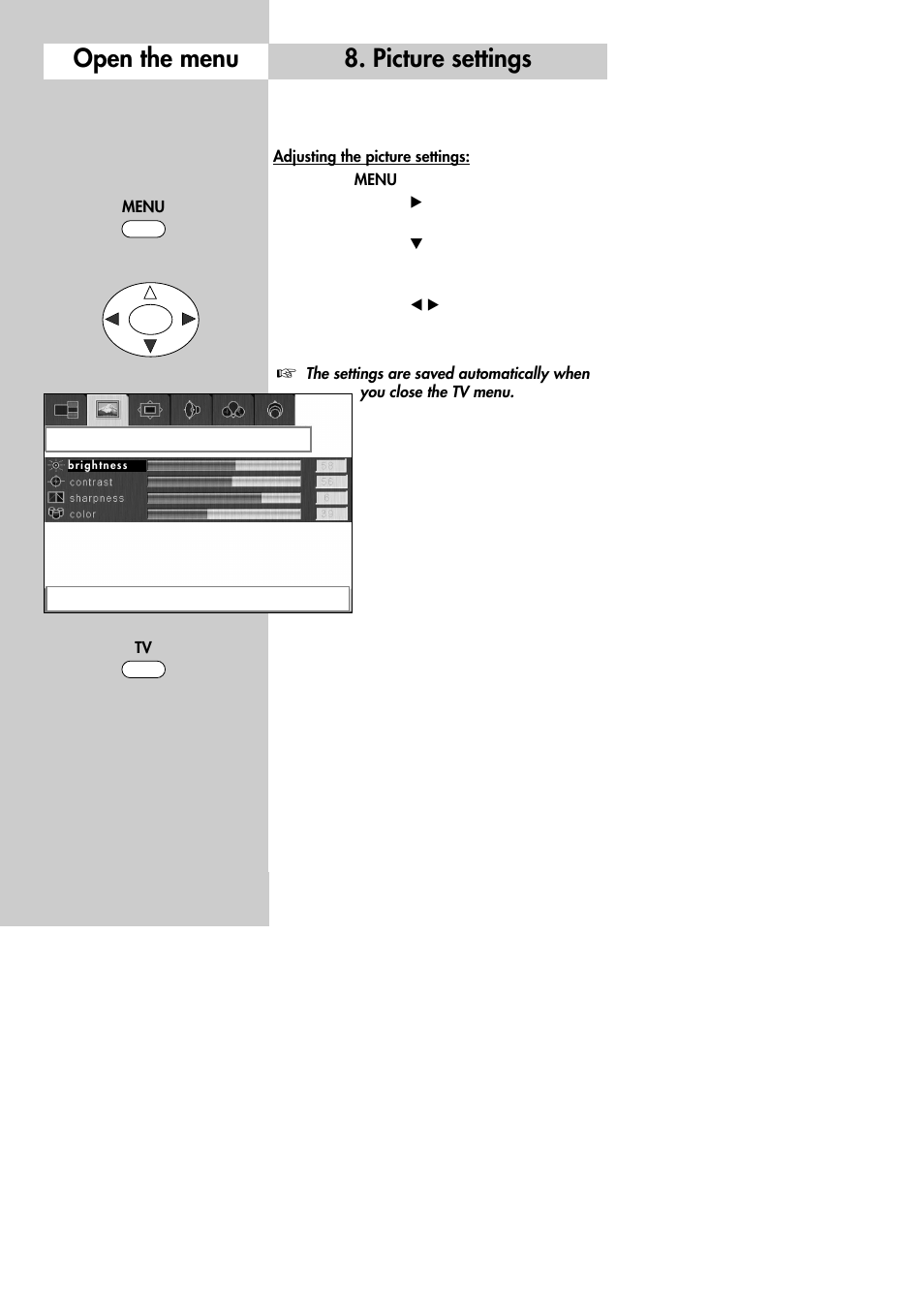 Open the menu, Picture settings | Metz 30 LCD-TV PIP User Manual | Page 22 / 48