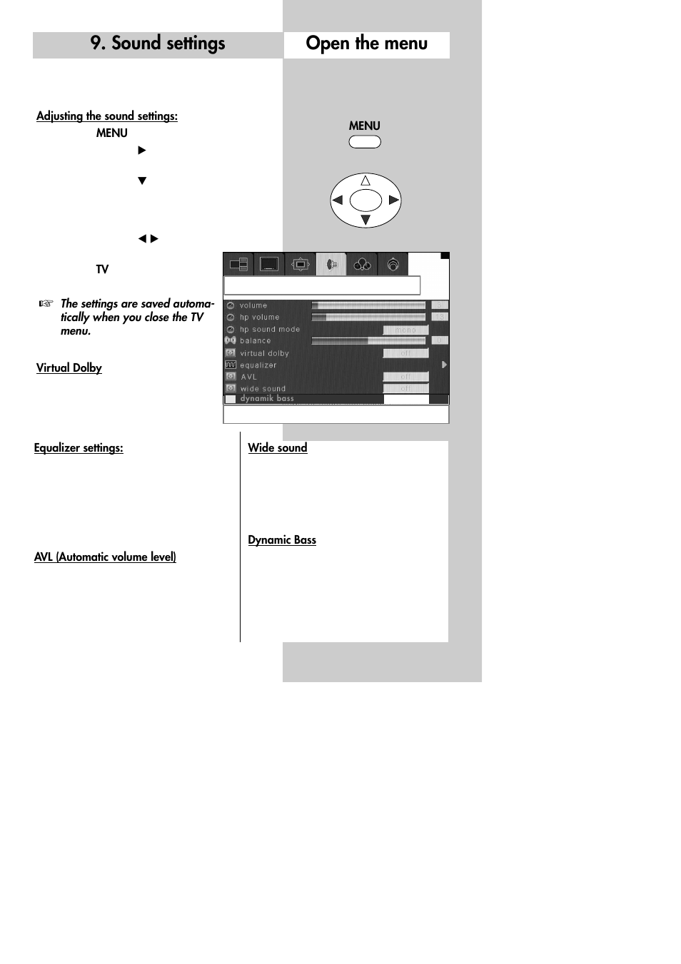 Sound settings, Open the menu | Metz 30 LCD-TV PIP User Manual | Page 23 / 48