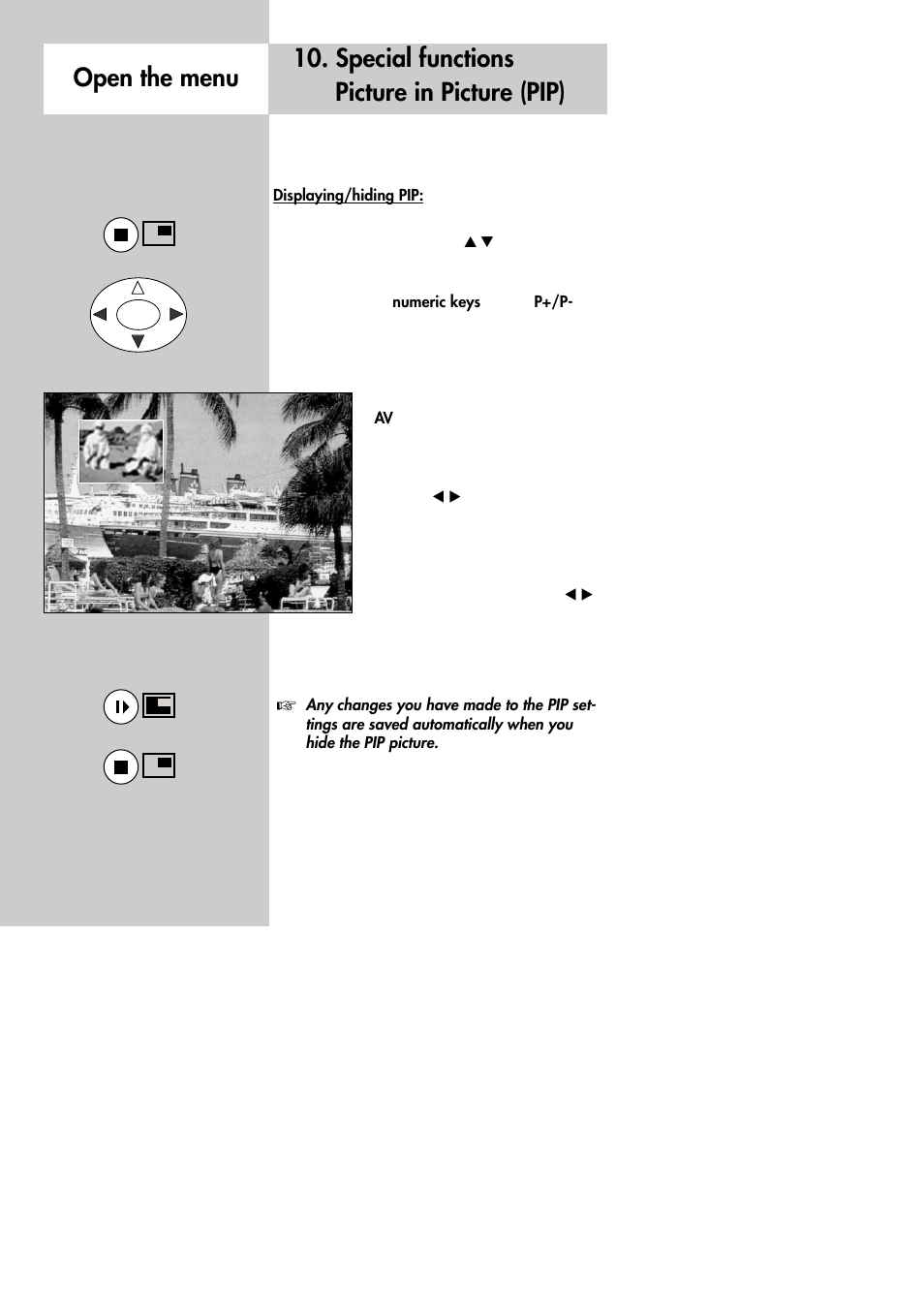 Special functions picture in picture (pip), Open the menu | Metz 30 LCD-TV PIP User Manual | Page 24 / 48