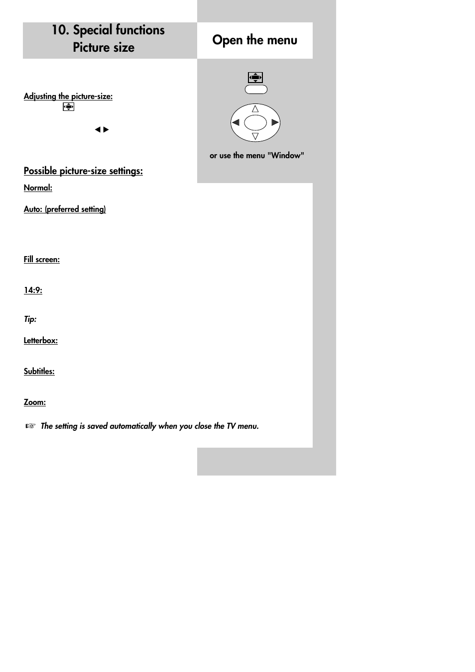 Special functions picture size open the menu | Metz 30 LCD-TV PIP User Manual | Page 25 / 48