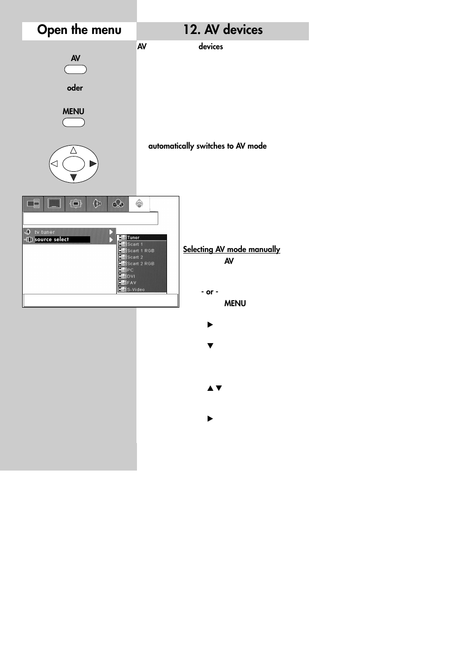 Av devices, Open the menu | Metz 30 LCD-TV PIP User Manual | Page 30 / 48