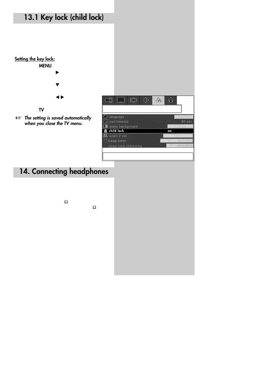 1 key lock (child lock), Connecting headphones | Metz 30 LCD-TV PIP User Manual | Page 35 / 48