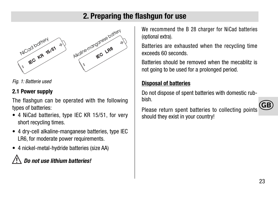 Preparing the flashgun for use | Metz 28 C-2 User Manual | Page 23 / 80