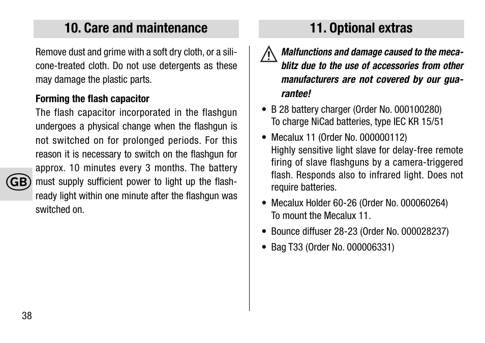 Care and maintenance, Optional extras | Metz 28 C-2 User Manual | Page 38 / 80