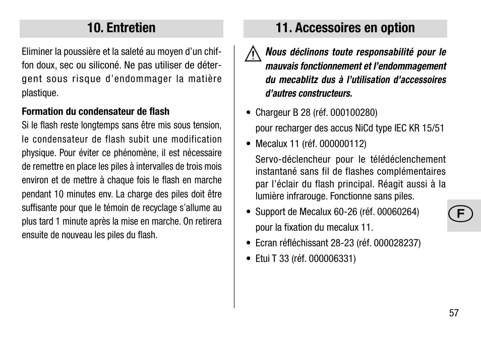 Entretien, Accessoires en option | Metz 28 C-2 User Manual | Page 57 / 80