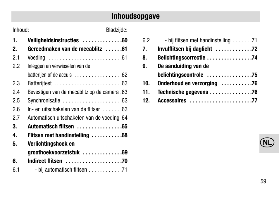 Inhoudsopgave | Metz 28 C-2 User Manual | Page 59 / 80