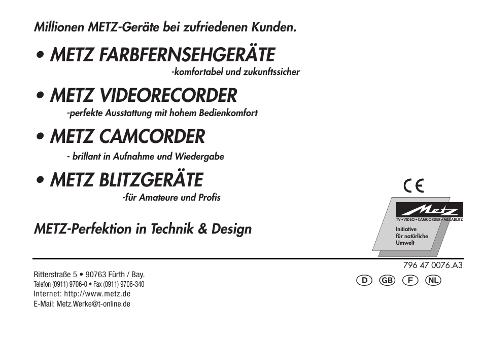 Ķ ķ ĸ ń, Metz farbfernsehgeräte, Metz videorecorder | Metz camcorder, Metz blitzgeräte, Metz-perfektion in technik & design | Metz 28 C-2 User Manual | Page 80 / 80