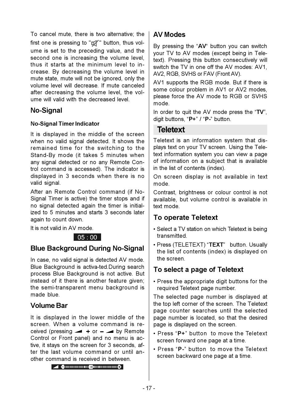 Teletext, No-signal, Blue background during no-signal | Volume bar, Av modes | Metz MF 55TK36 User Manual | Page 19 / 26