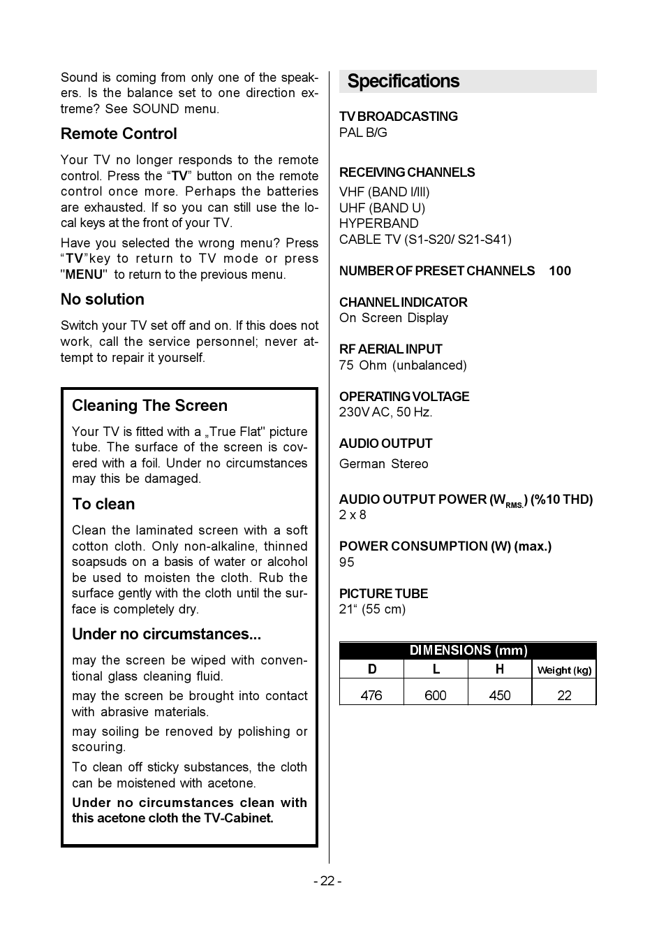 Specifications, Remote control, No solution | Cleaning the screen, Under no circumstances | Metz MF 55TK36 User Manual | Page 24 / 26