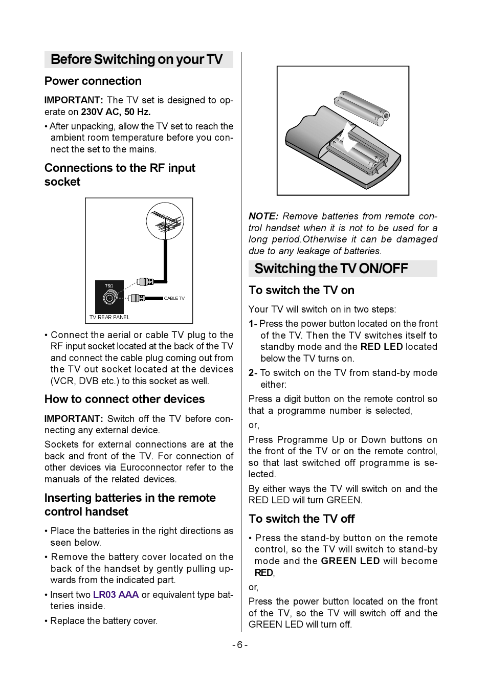 Before switching on your tv, Switching the tv on/off, Power connection | Connections to the rf input socket, How to connect other devices, Inserting batteries in the remote control handset | Metz MF 55TK36 User Manual | Page 8 / 26