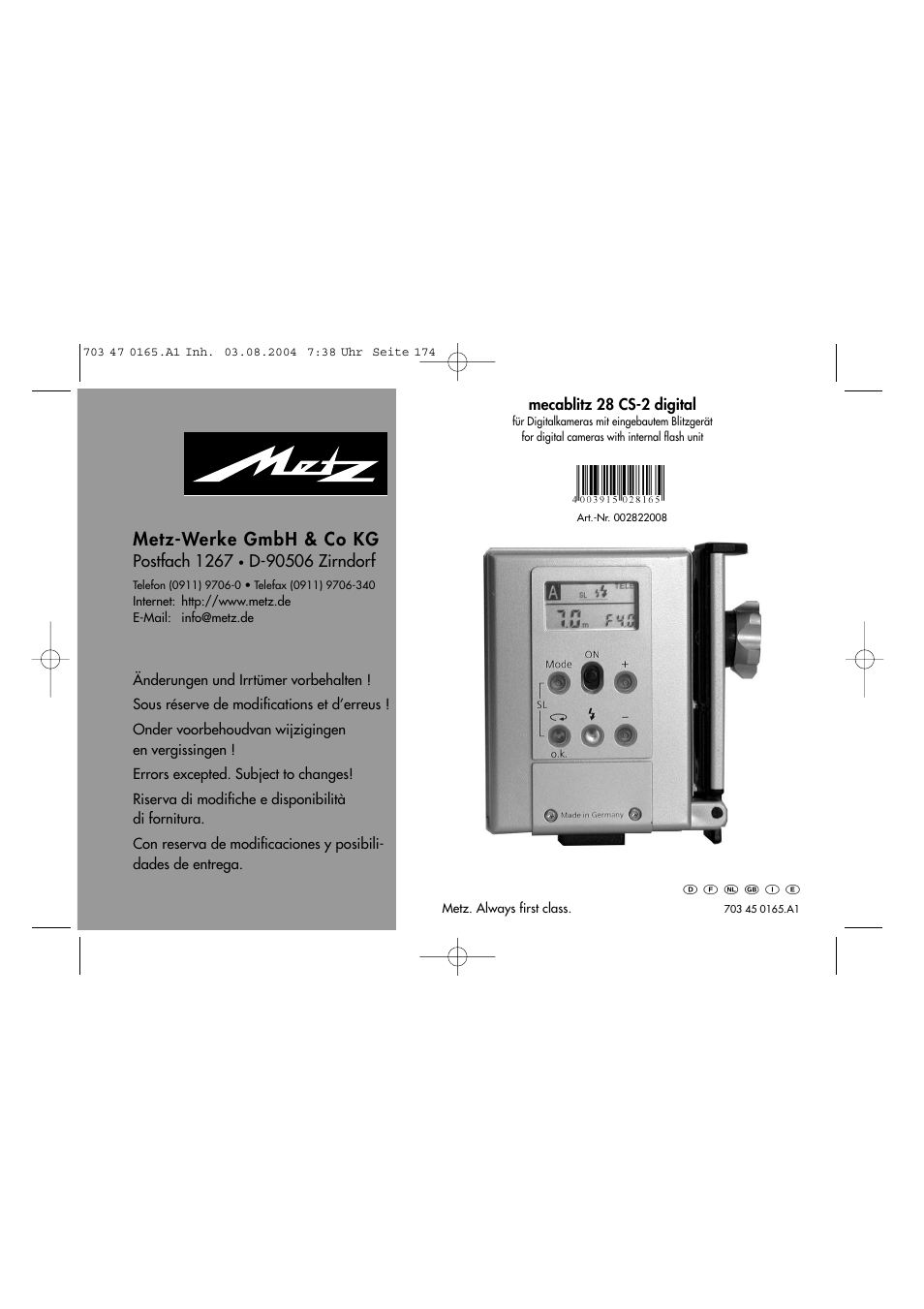 Metz-werke gmbh & co kg | Metz 28 CS-2 User Manual | Page 33 / 33