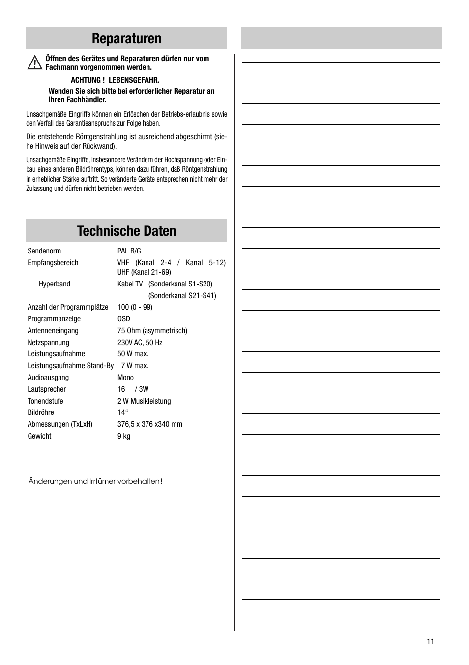 Reparaturen, Technische daten | Metz VT 37 TF 31 User Manual | Page 11 / 36