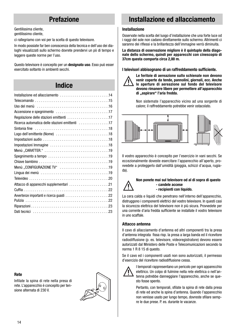 Prefazione indice, Installazione ed allacciamento | Metz VT 37 TF 31 User Manual | Page 14 / 36