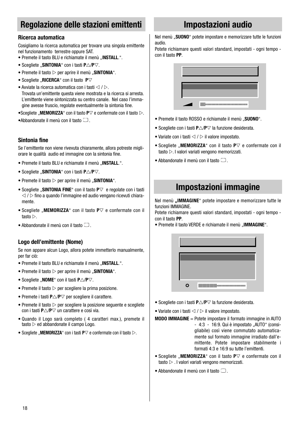 Impostazioni audio, Regolazione delle stazioni emittenti, Impostazioni immagine | Metz VT 37 TF 31 User Manual | Page 18 / 36