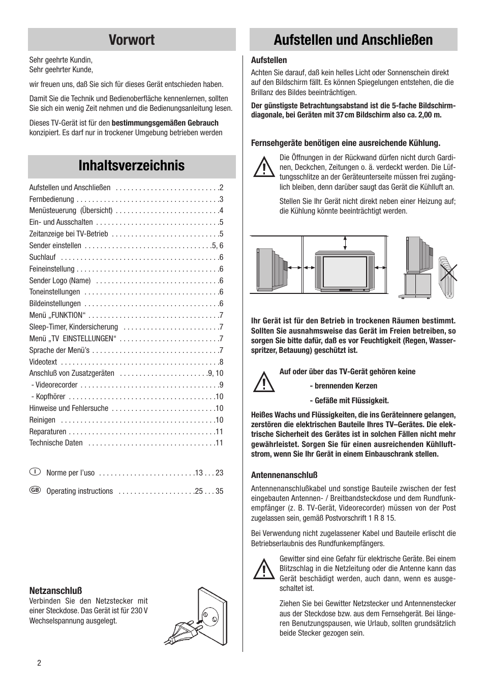 Vorwort inhaltsverzeichnis, Aufstellen und anschließen | Metz VT 37 TF 31 User Manual | Page 2 / 36