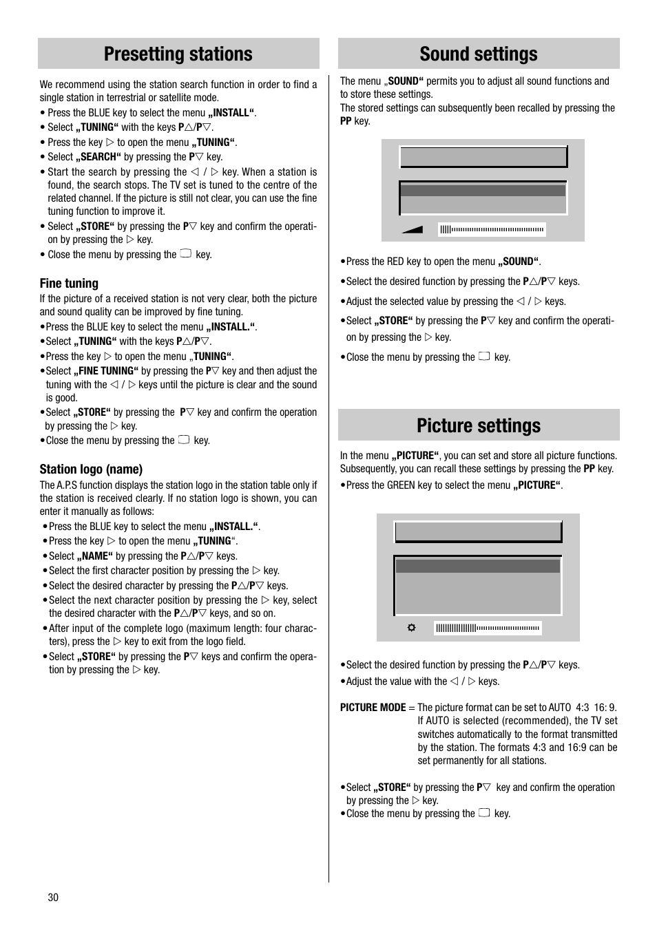 Presetting stations sound settings, Picture settings | Metz VT 37 TF 31 User Manual | Page 30 / 36