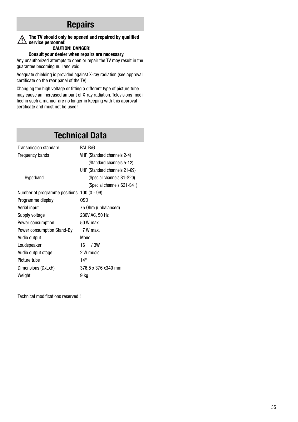 Technical data, Repairs | Metz VT 37 TF 31 User Manual | Page 35 / 36