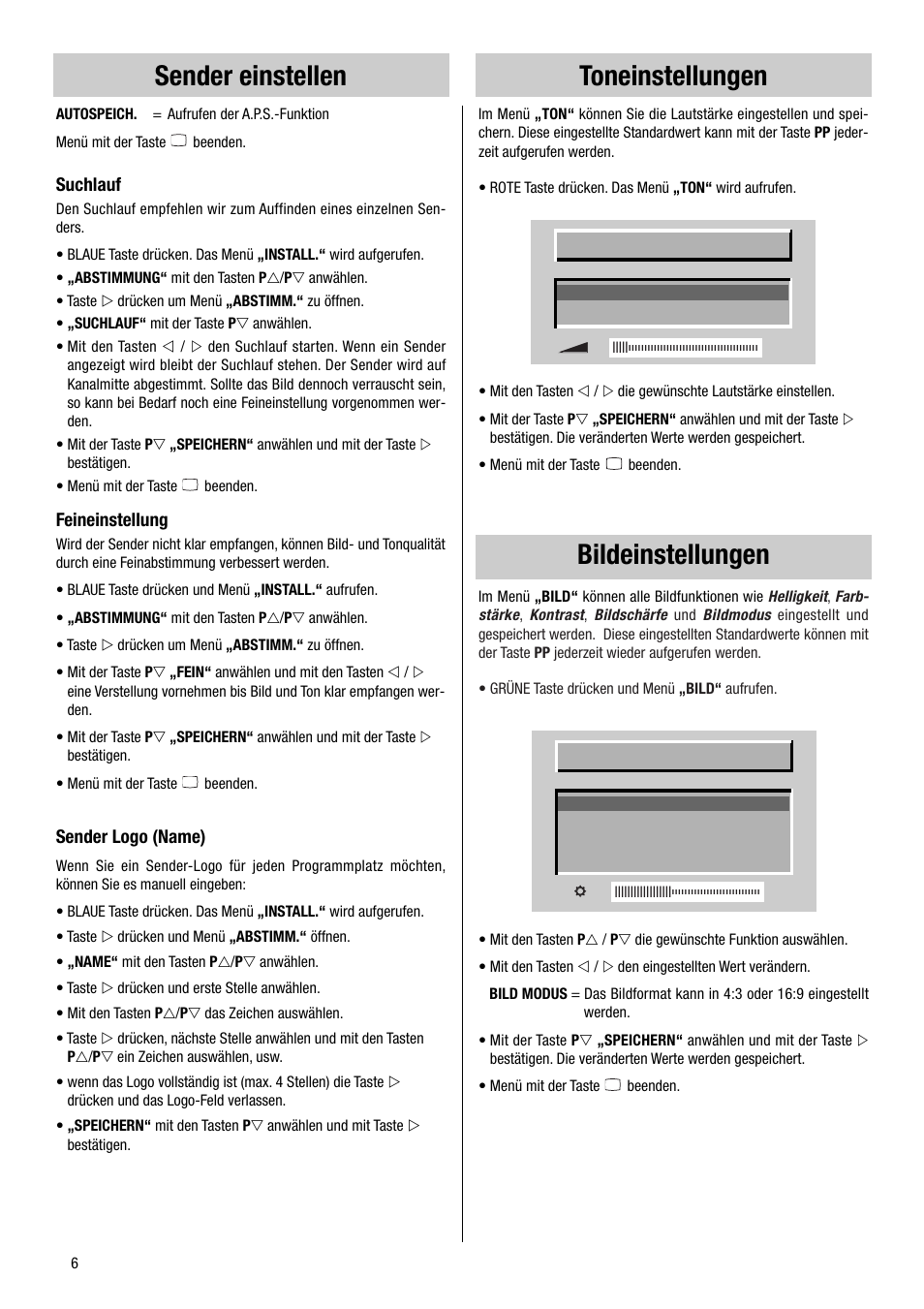 Sender einstellen, Toneinstellungen, Bildeinstellungen | Metz VT 37 TF 31 User Manual | Page 6 / 36