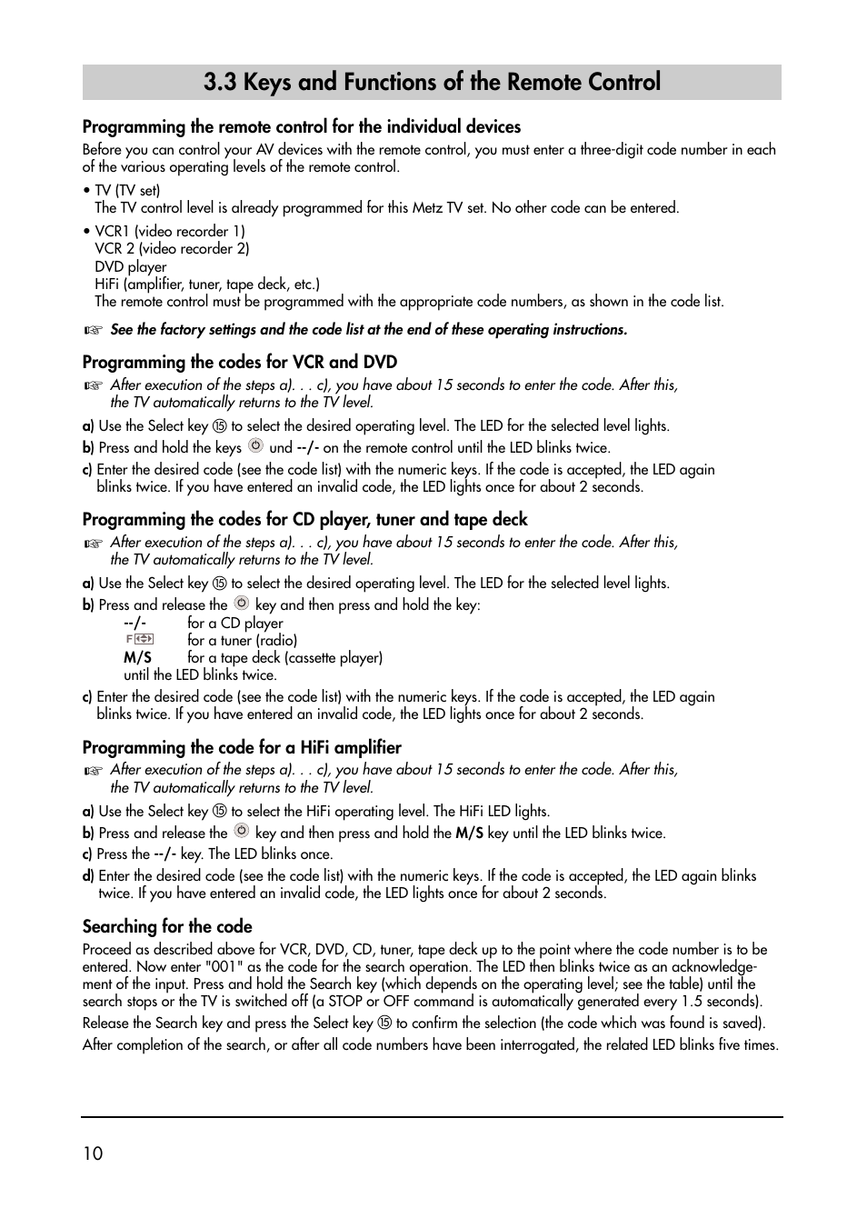 3 keys and functions of the remote control | Metz 40 TK 81 User Manual | Page 10 / 40