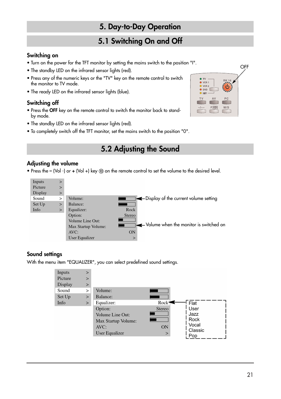 Day-to-day operation 5.1 switching on and off, 2 adjusting the sound | Metz 40 TK 81 User Manual | Page 21 / 40