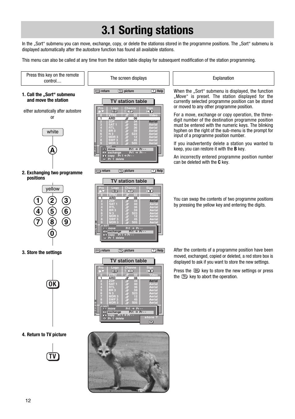 1 sorting stations, Ok tv, Either automatically after autostore or | Yellow white, Tv station table | Metz Astral MF PIP 72TF81 User Manual | Page 12 / 68