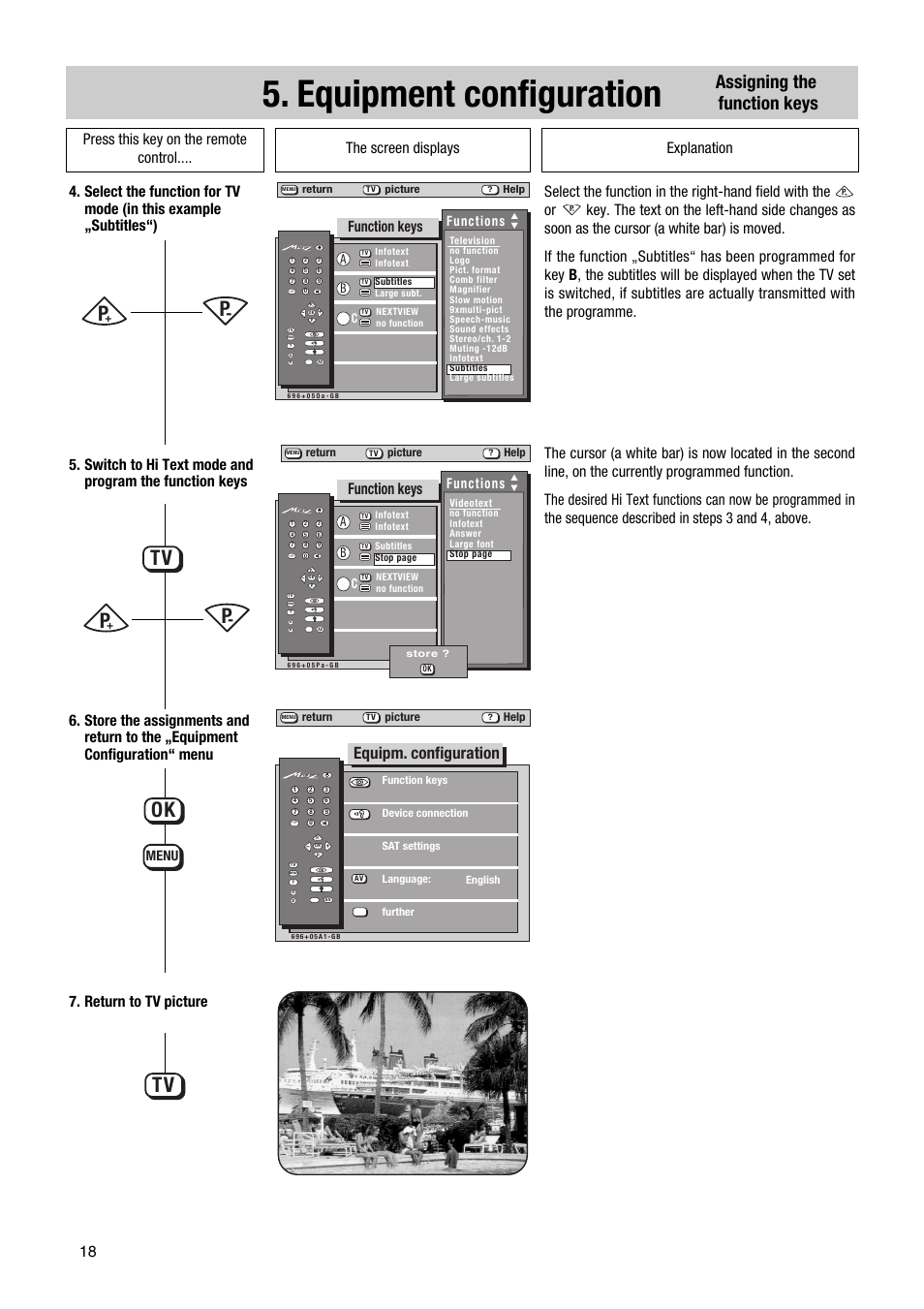 Equipment configuration, Tv ok, Assigning the function keys | Equipm. configuration, Return to tv picture, Function keys, Menu | Metz Astral MF PIP 72TF81 User Manual | Page 18 / 68