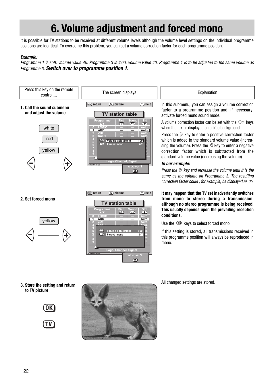 Volume adjustment and forced mono, Ok tv, Switch over to programme position 1 | Metz Astral MF PIP 72TF81 User Manual | Page 22 / 68