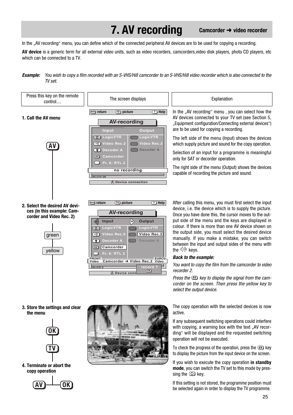 Av recording, Av tv ok ok, Camcorder ➜ video recorder | Metz Astral MF PIP 72TF81 User Manual | Page 25 / 68