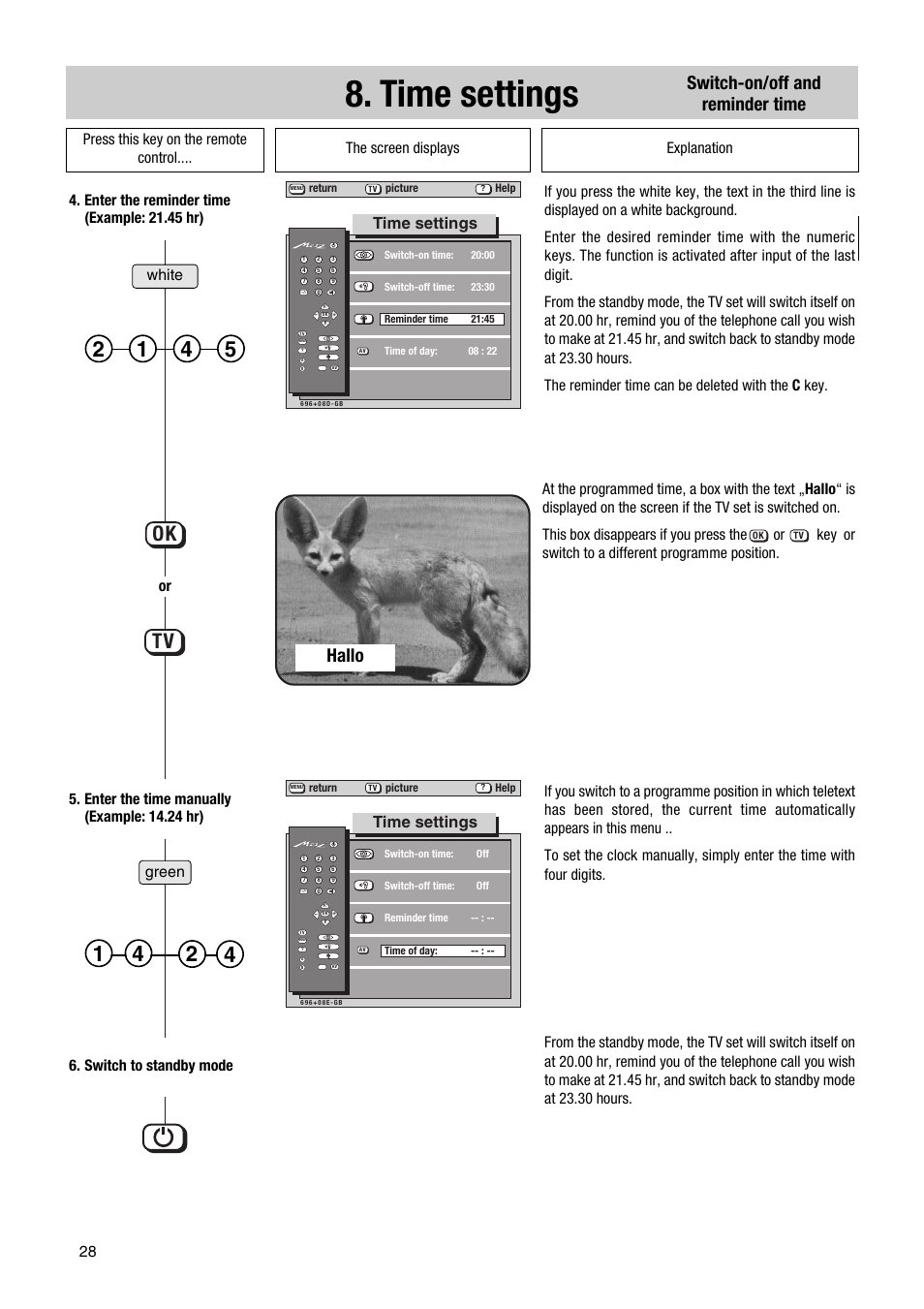 Ok tv, Switch-on/off and reminder time, Hallo | Time settings, White green | Metz Astral MF PIP 72TF81 User Manual | Page 28 / 68