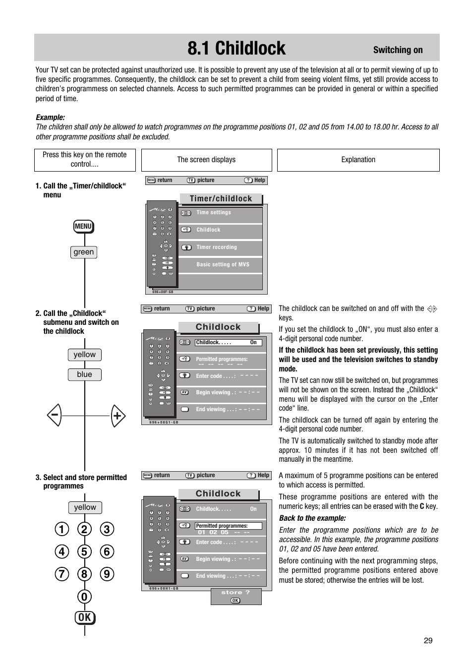 1 childlock, Switching on, Timer/childlock | Childlock, Yellow, Yellow blue green, Menu | Metz Astral MF PIP 72TF81 User Manual | Page 29 / 68