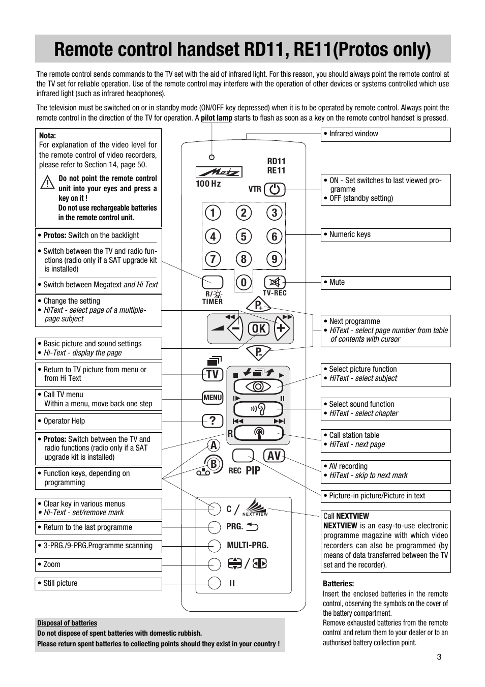 Remote control handset rd11, re11(protos only), Ok p, Av tv | Metz Astral MF PIP 72TF81 User Manual | Page 3 / 68