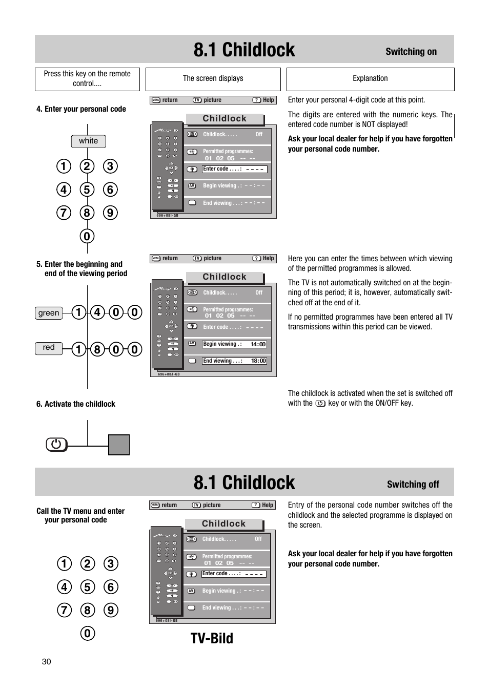 1 childlock, Tv-bild, Switching off | Switching on, Childlock, Red white green | Metz Astral MF PIP 72TF81 User Manual | Page 30 / 68