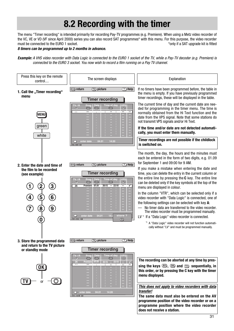 2 recording with the timer, Ok tv, Timer recording | If a "data logic" video recorder is connected, White green | Metz Astral MF PIP 72TF81 User Manual | Page 31 / 68